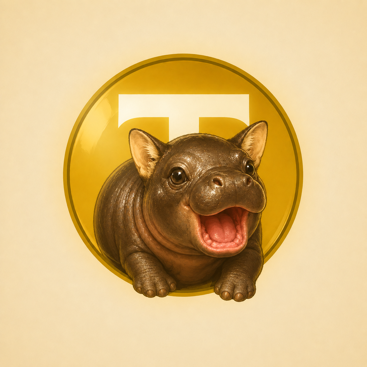 TinyCate: a smiling pygmy hippo bursting out of a golden coin